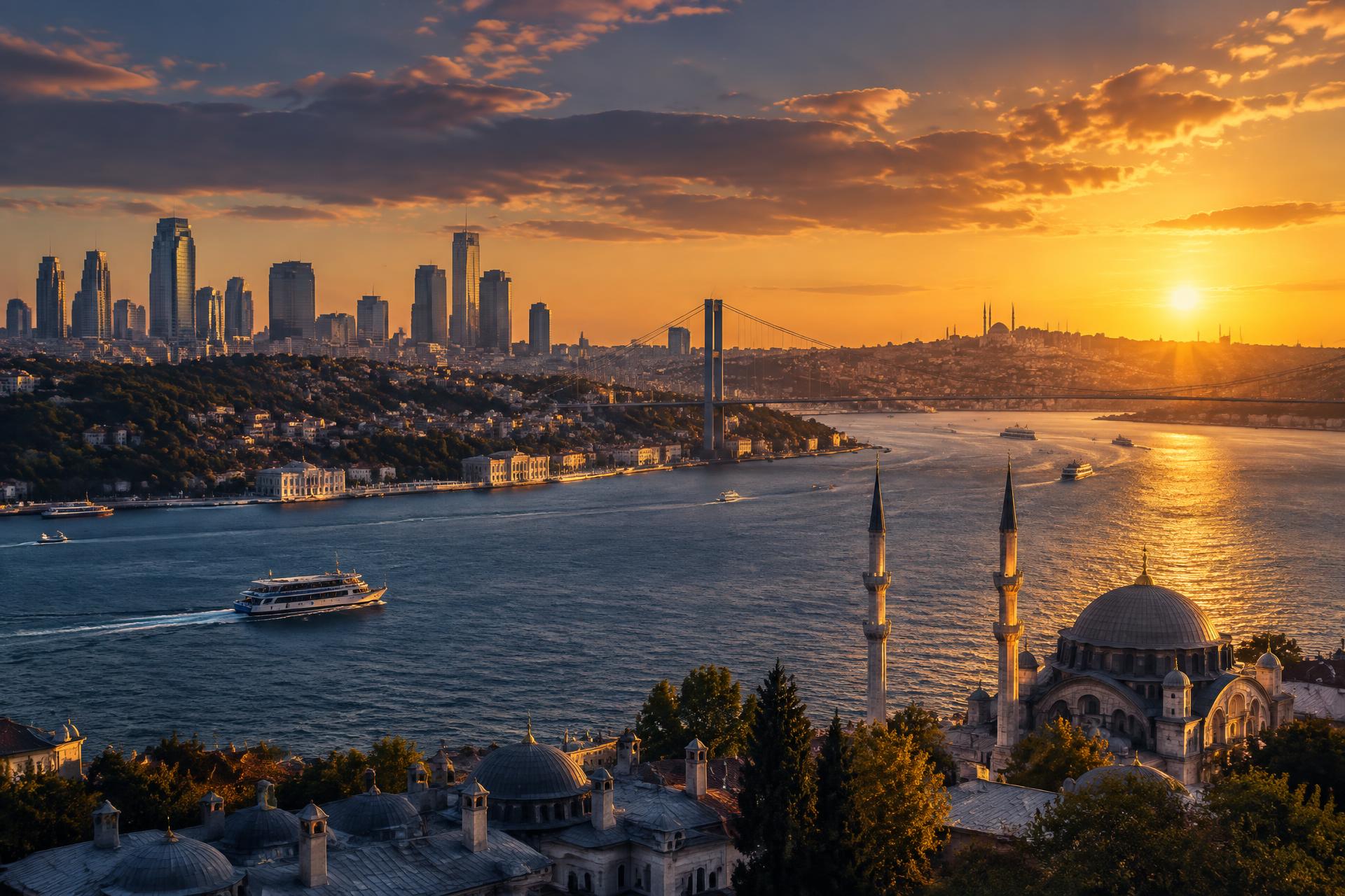Boğaz ve modern İstanbul silüeti üzerinde gün batımı